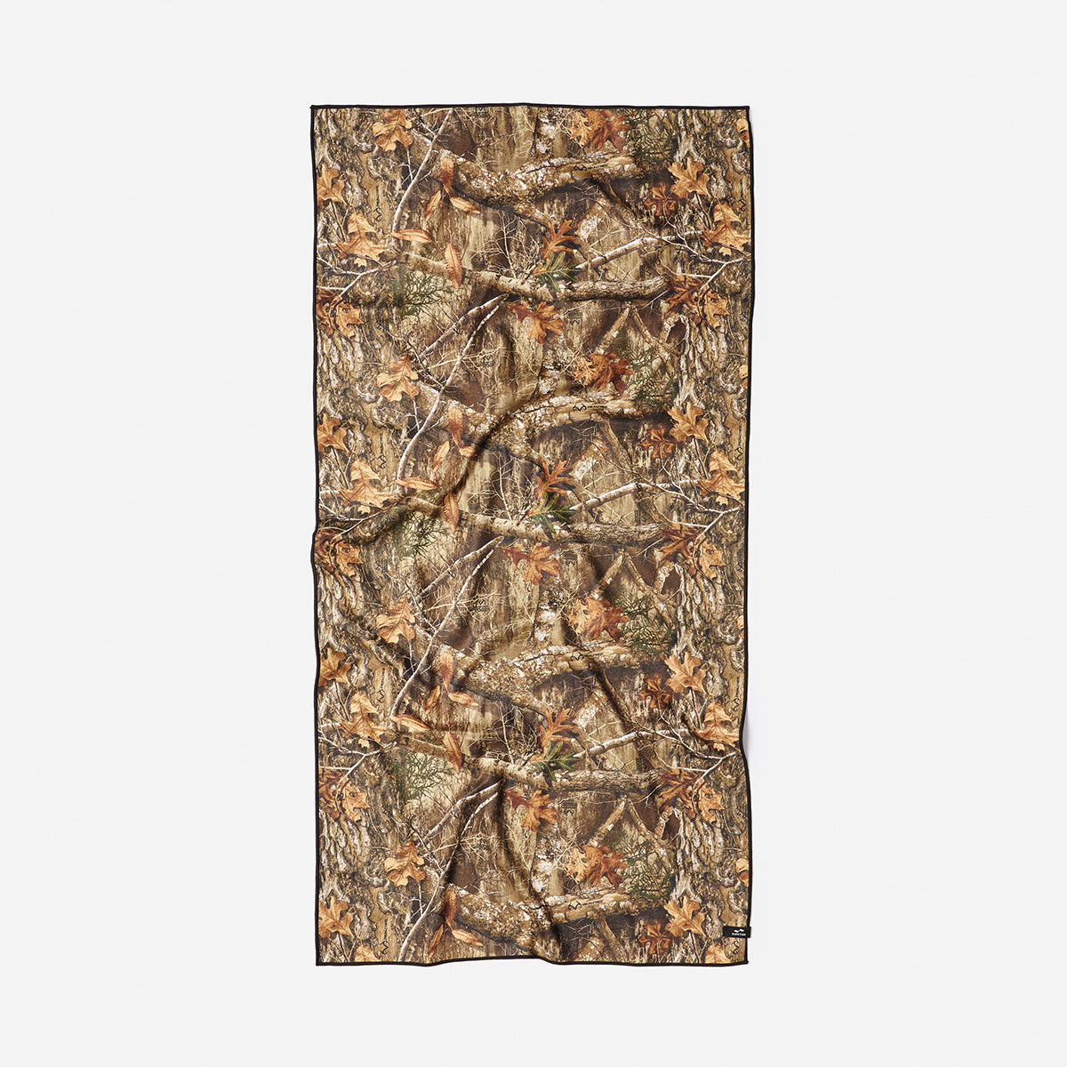 Woodland camo quick-dry towel with brown and green rectangle pattern.