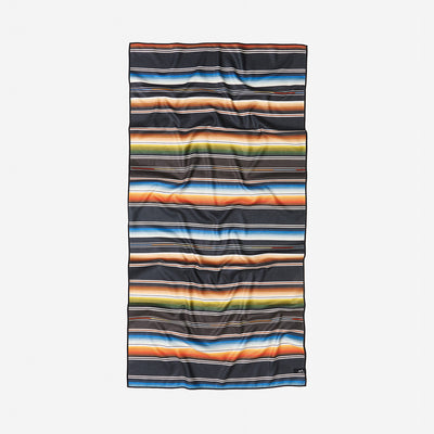 Quick-dry towel with multicolor horizontal stripes on white background.
