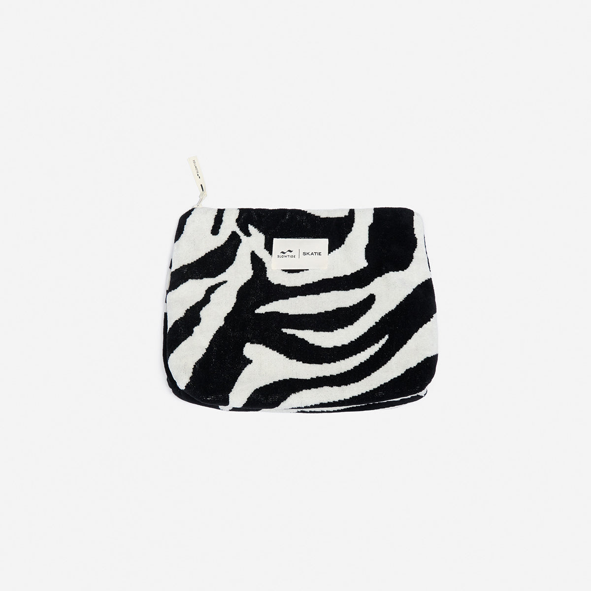 Cotton canvas pouch with black and white zebra print.