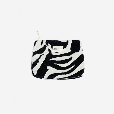 Cotton canvas pouch with black and white zebra print.