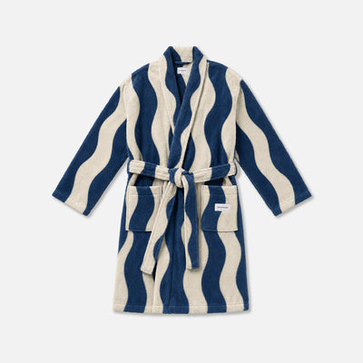 Robe with blue and beige wavy stripes, belt, and two front pockets, shown laid flat.