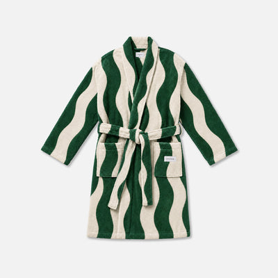 Bathrobe with green and cream wavy stripes, two pockets, and matching belt, shown flat.