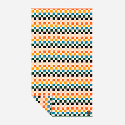 Cotton towel with orange, teal, black, and white checked stripes.