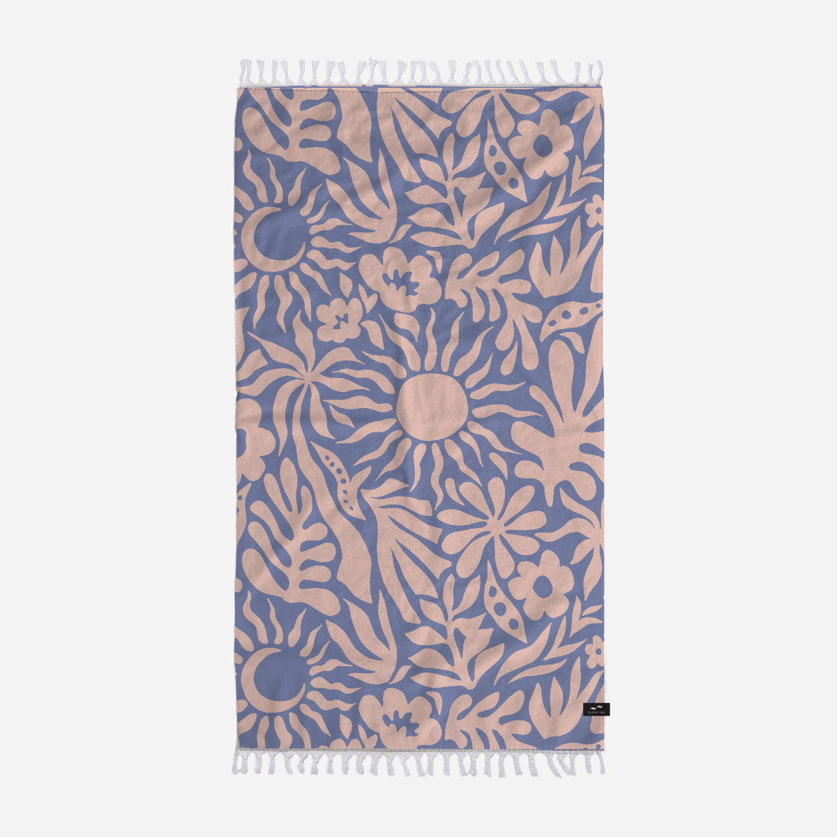 Towel with blue and beige botanical print, abstract sun design, fringe edges.