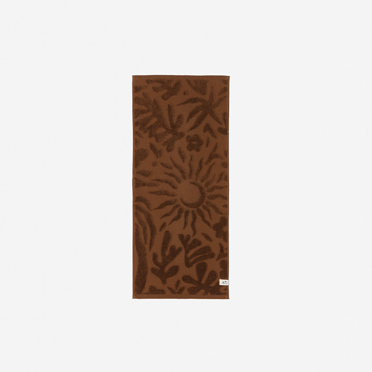 Brown cotton towel with sun-leaf botanical pattern, absorbent 550 GSM.