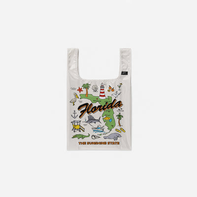 White recycled ripstop nylon tote bag with colorful Florida-inspired illustrations.