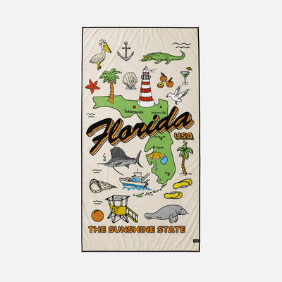 Quick-drying travel towel with Florida map, colorful animals, landmarks, and The Sunshine State text.