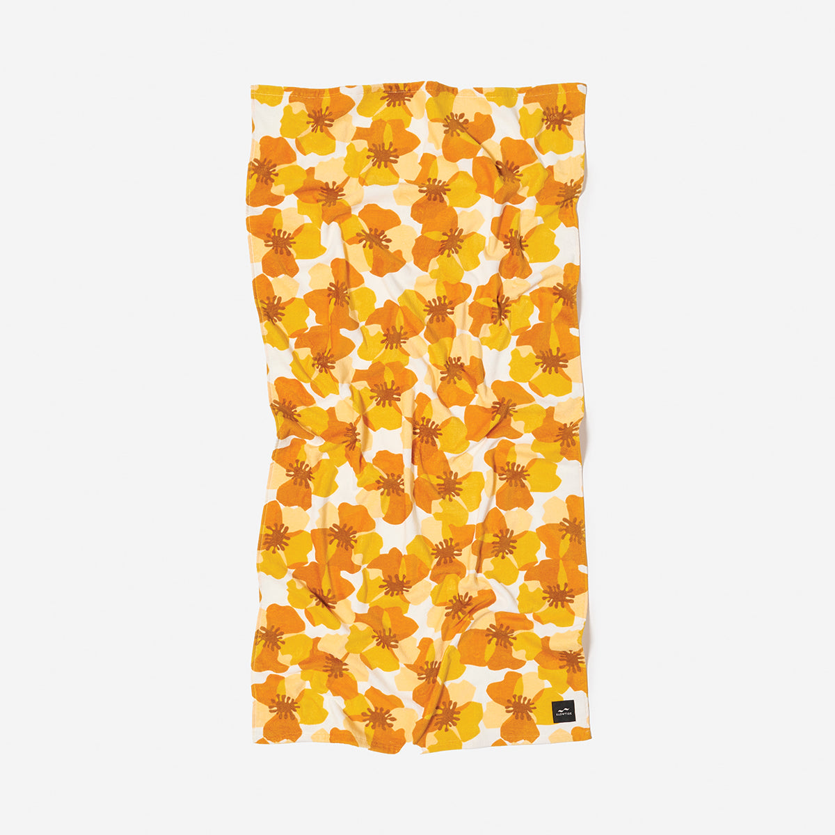 Velour towel with yellow and orange floral print, shown flat.