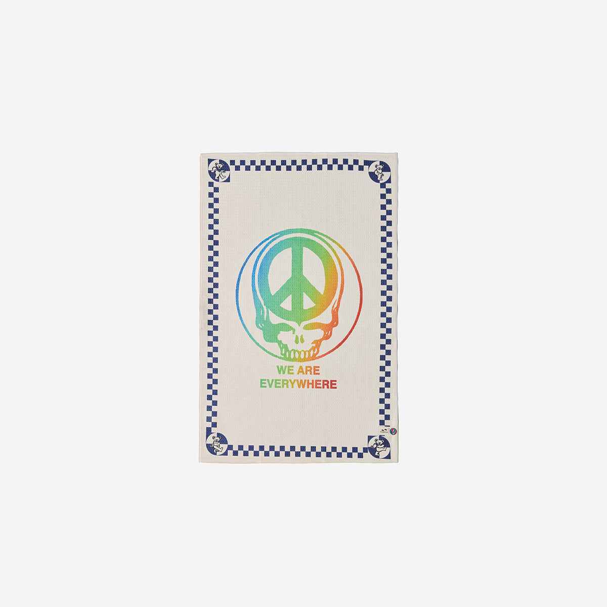 Kitchen towel with rainbow peace sign, skull, and checkerboard border.