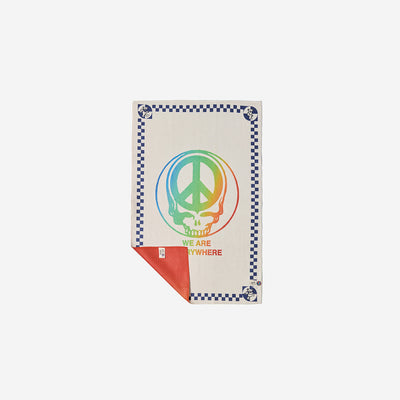 Blanket, beige recycled waffle microfiber with rainbow peace skull and We Are Everywhere text.
