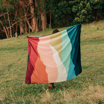 Water-repellent blanket with multi-colored wavy stripes on grass.