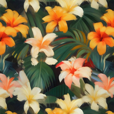 Cotton beach towel with vibrant lily and green leaf print, absorbent and sustainably sourced.