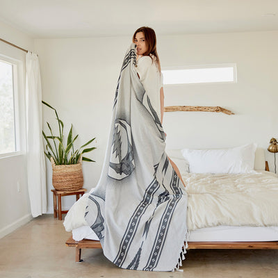 Picnic blanket, lightweight fabric with colorful design, shown in a minimal bedroom setting.