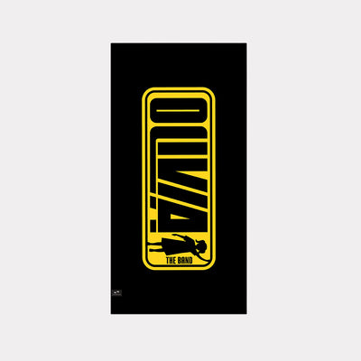 Travel towel with black background, yellow band text, and guitar silhouette design.