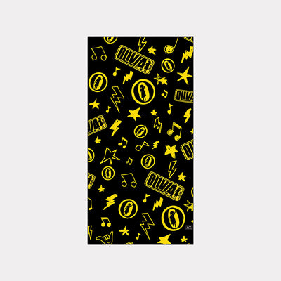 Quick-drying recycled plastic towel with yellow music-themed icons on black.