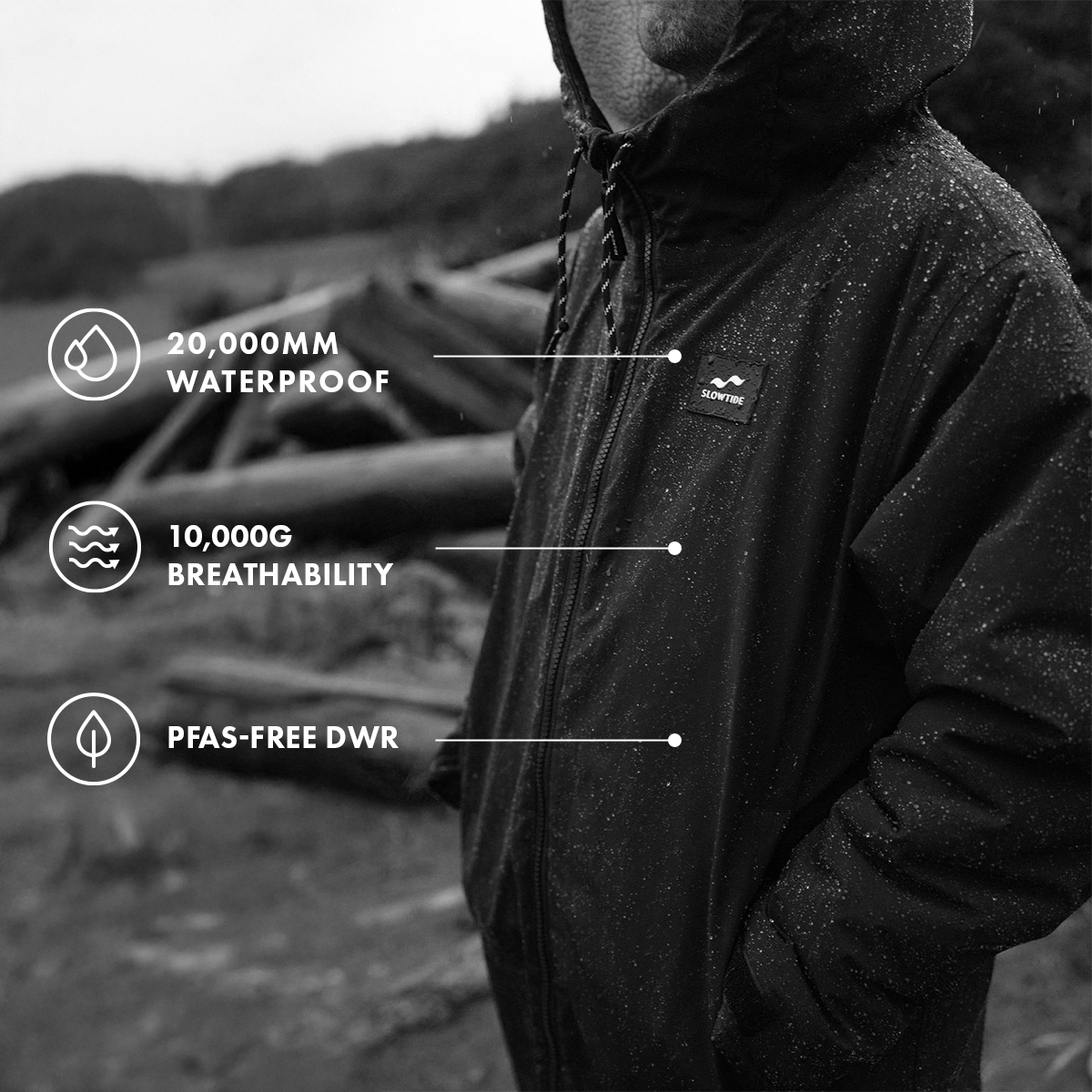 Waterproof shell jacket with labeled features, shown in outdoor rainy conditions.