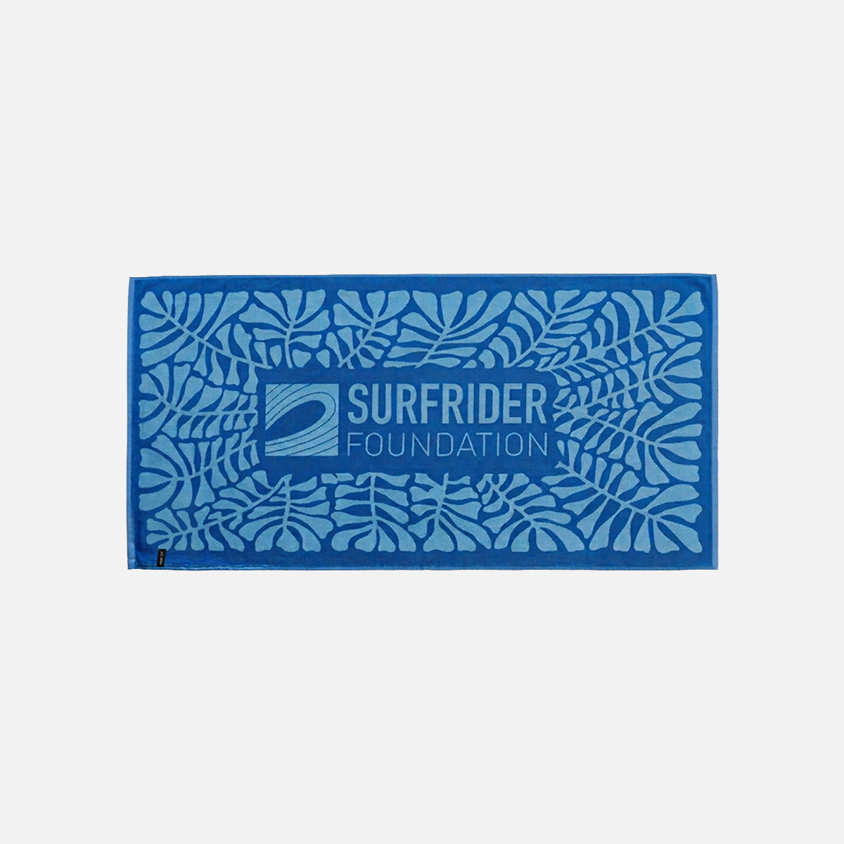 Blue cotton beach towel with wave logo, made from sustainable materials.