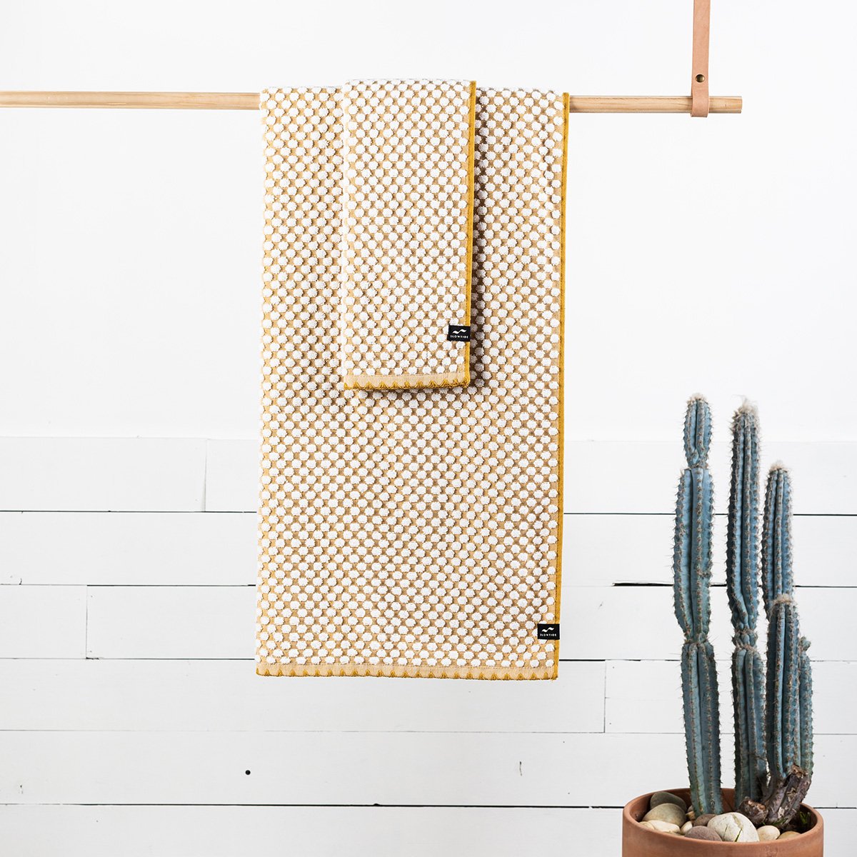 Cotton towels in yellow and white, absorbent, displayed hanging near a cactus.