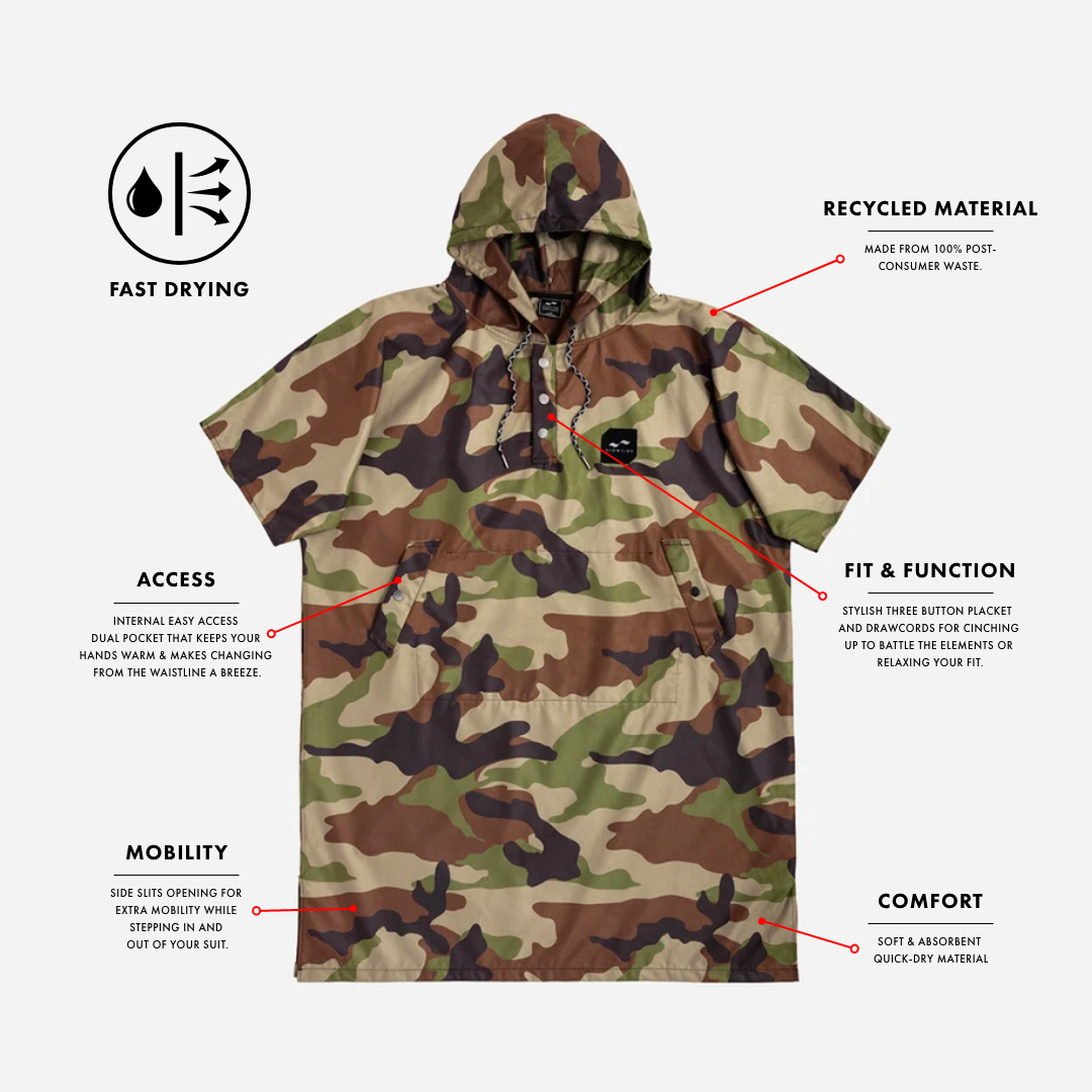 Camouflage changing poncho in recycled quick-dry fabric with hood and sand-resistant design.