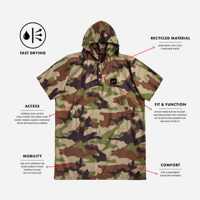 Camouflage changing poncho in recycled quick-dry fabric with hood and sand-resistant design.