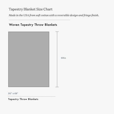 Tapestry blanket size chart with 50 x 68 inch oversized illustrated design.